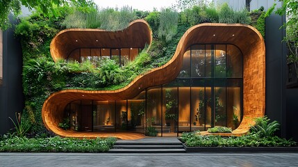 Art gallery incorporating biophilic design, featuring wood textures, natural light, and plant installations