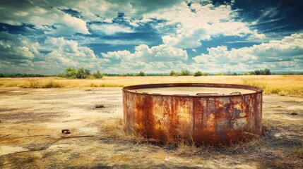 Naklejka premium Rusty Oil Tank Under Dramatic Sky in Abandoned Rural Landscape