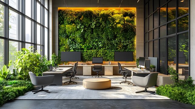 Flexible office design with mobile workstations, smart screens, and greenery accents