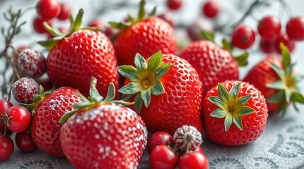 Obraz premium Fresh and plump strawberries and bright red currants arranged artfully on a textured surface, showcasing their vibrant colors and fine details
