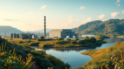 Obraz premium Industrial power plant situated by a serene river with lush green hills in the background under a clear blue sky