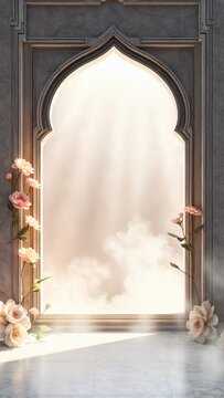 3d elegant blank space gold brown islamic arabian moslem frame with pastel rose flowers ramadan kareem eid mubarak greeting card template instastory instagram potrait photo smoke haze background