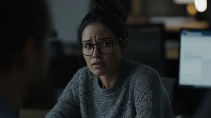 Concerned hispanic young female wearing glasses in office setting