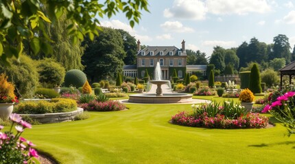 Lush garden with vibrant flower beds, a central fountain, and a grand estate in the background under a blue sky
