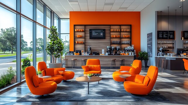 Hybrid office cafe area with comfortable chairs, coffee stations, and casual work tables