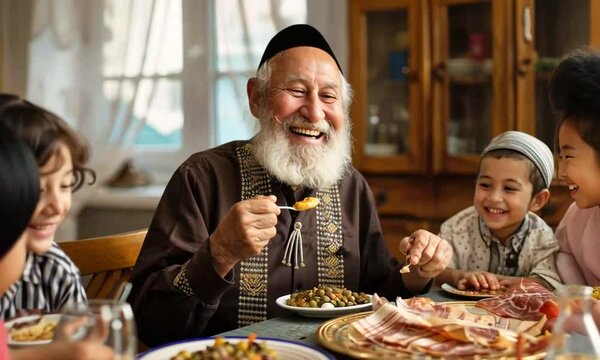 Jewish family eating together for Para Pesaj