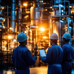 Three workers in safety gear inspect equipment in an industrial setting, illuminated by warm lighting from pipes and machinery.