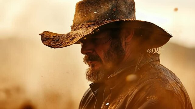 Dusty Trails, Weathered Soul: A grizzled cowboy, his face etched with the stories of the open range, gazes pensively into the distance, his mud-caked hat casting shadows on his weathered features.