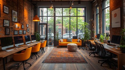 Bright coworking space with communal tables, creative decor, and modern lighting