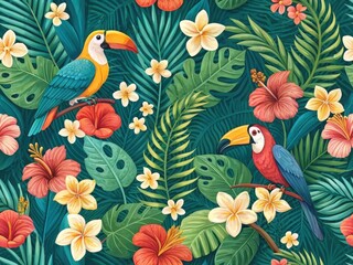 Naklejka premium Vibrant Tropical Pattern Featuring Exotic Birds and Colorful Floral Elements