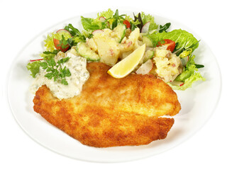 Fried Fish with Potato Salad on white Background