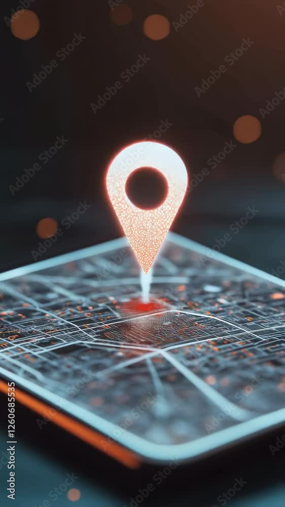 Poster Location services and navigation are highlighted by a glowing, pulsating location pin on a futuristic smartphone displaying a city map, captured in slow motion