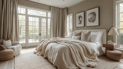 Serene bedroom with soft textures, simple furnishings, and a calming monochrome color scheme