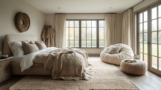 Serene bedroom with soft textures, simple furnishings, and a calming monochrome color scheme