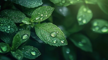 A close-up of fresh mint leaves with water droplets in soft lighting.