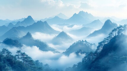 Serene Blue Mountains of Shixin Peak - Misty mountain landscape, symbolizing peace, tranquility, mystery, serenity, and escape. A breathtaking view of rolling hills shrouded in soft blue fog