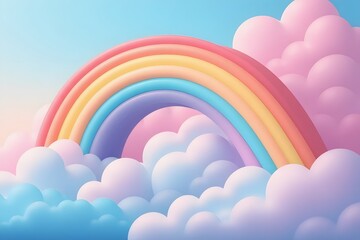 Colorful pastel rainbow in a sky of pink and blue fluffy clouds