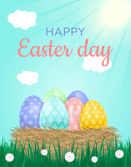 vertical template for easter day, delicate card with eggs in a nest on a sunny meadow