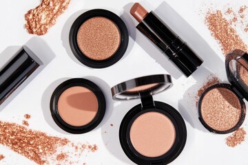 Cosmetic makeup collection on white background with golden glitter