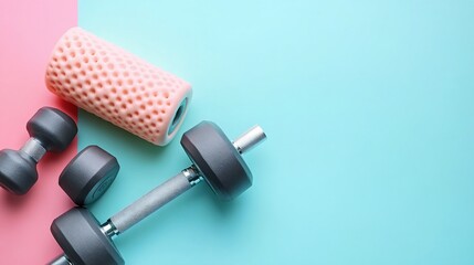 Fitness equipment arrangement featuring dumbbells and a foam roller on a colorful backdrop