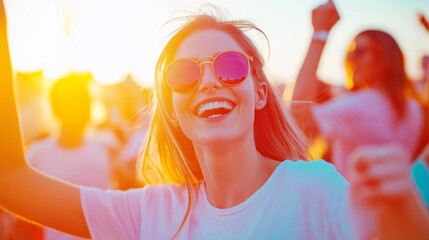 Joyful Caucasian young adult woman enjoying a vibrant outdoor summer festival at sunset with sunglasses and a carefree spirit