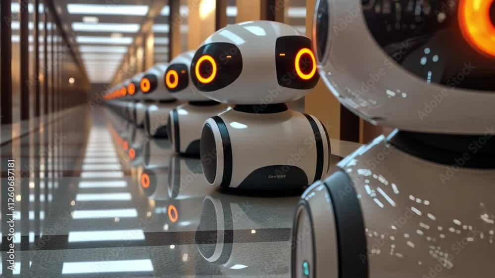 Aufkleber A Chorus of Bots: A row of white and black robots with orange eyes stand in a futuristic setting, hinting at an automated future, a seamless blend of technology and efficiency.