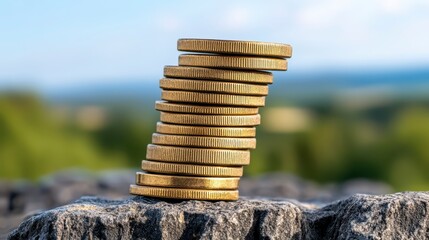 Stack of gold coins on a rock outdoors, against a blurred background of green trees and a light blue sky. The coins are arranged in a leaning tower