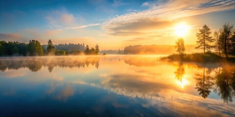Fototapeta premium Serene lake at sunrise with mist rising from the water , serene lakes, scenery, serene lakes, scenery