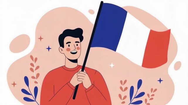 Man waving France flag. Colorful flat design cartoon