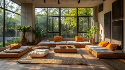 Open-concept relaxation area with soft floor cushions, wooden textures, and large windows