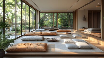 Open-concept relaxation area with soft floor cushions, wooden textures, and large windows