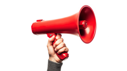 Hand holding red megaphone isolated on transparent background