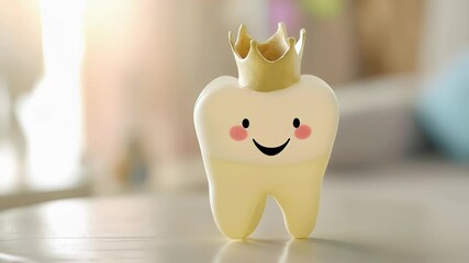 Golden crowned cartoon tooth character highlighting positive dental health awareness and pediatric oral hygiene practices