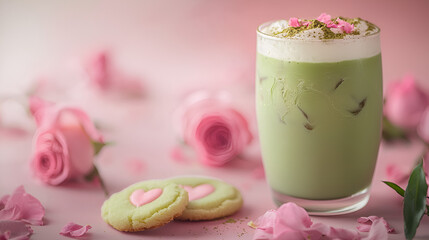 Elegant Green Beverage: Matcha drink with heart cookies and pink roses for a touch of sweetness and love.
