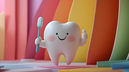 Cute Cartoon Tooth Character Holding Toothbrush Giving Thumbs Up