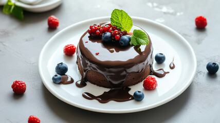 Elegant chocolate dessert featuring glossy chokolate ganache top layer filling with white ceramic plate. garnished with muss, fresh berries and chocolate sauce.