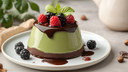 Elegant layered chocolate dessert featuring glossy chocolate ganache top layer filling with white ceramic plate. garnished with muss, fresh berries and colored sauce.