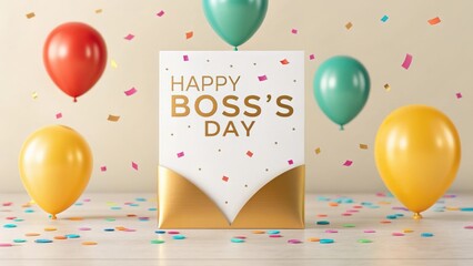 Happy Boss's Day card with colorful balloons and confetti