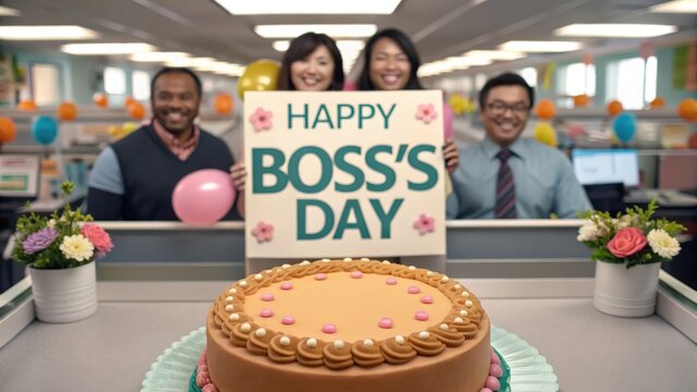 a diverse group of colleagues celebrate Boss's Day with a cake and a festive sign. They are smiling and happy, creating a cheerful and positive atmosphere in the workplace - Powered by Adobe