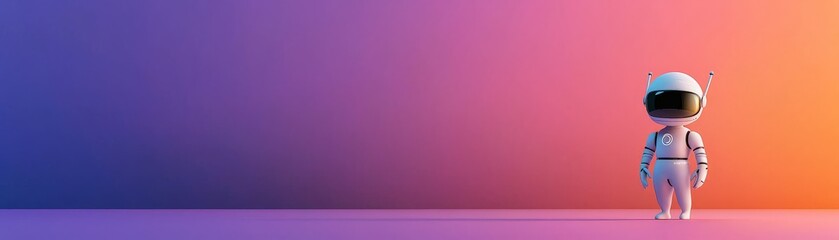 Obraz premium A stylized astronaut figure stands against a vibrant gradient background of purple and orange hues, evoking a futuristic and imaginative atmosphere.