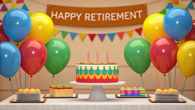 A festive retirement party table setup with colorful balloons, a decorated cake, and assorted treats. It's a perfect image to celebrate the start of a new chapter in someone's life 