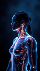 This is a digital rendering of a woman's neck with a focus on her internal anatomy, specifically her vagus nerve being stimulated.