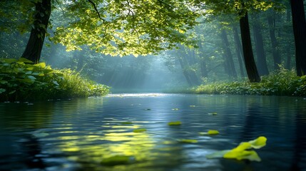 Fototapeta premium Serene River Meandering Through Lush Forest – Generative AI