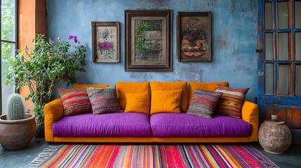 Colorful bohemian living space with vibrant textiles, multicolored furniture, and bold patterns