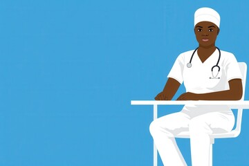Nurse Sitting at Desk in Minimal Background with Copy Space