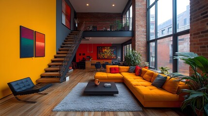 Fototapeta premium Artistic loft with bold color blocking, mismatched chairs, and a vibrant color palette