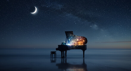 A surreal nighttime scene by a serene beach with a grand piano standing on the shore.