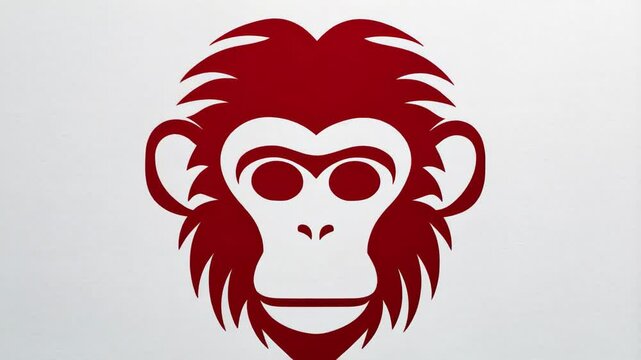 Graphic red monkey face emerging, progressively revealing vibrant cartoon style primate silhouette against clean white backdrop