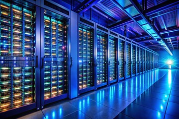 Fototapeta premium Glowing Server Racks in a Modern Data Center at Night