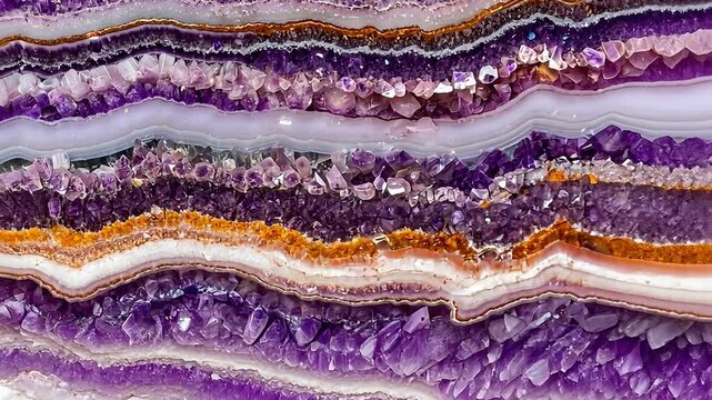Amethyst Geode Slice: A mesmerizing close-up reveals the intricate layers and vibrant purple hues of a polished amethyst geode slice.